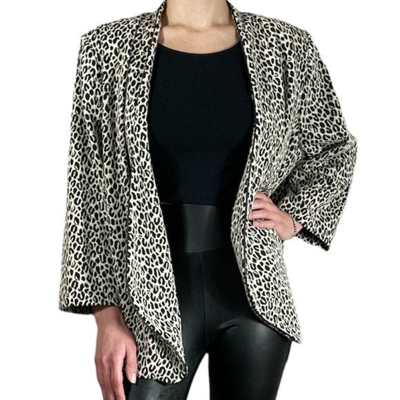 Notations Tan Black Leopard Print Open Front Waterfall Jacket Sz 2X Lined Padded - Picture 5 of 16